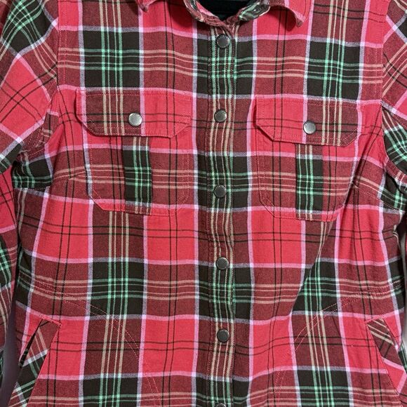 Duluth Free Swingin' Fleece Lined Neon Red Plaid Flannel Shirt Jacket Women's M - Picture 4 of 12
